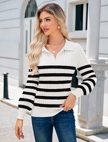 Image of JUSTFASHIONNOW Womens Sweaters Polo V Neck Cable Knit Sweater Dressy Casual Pullover Jumper Tops Fall Winter Trendy