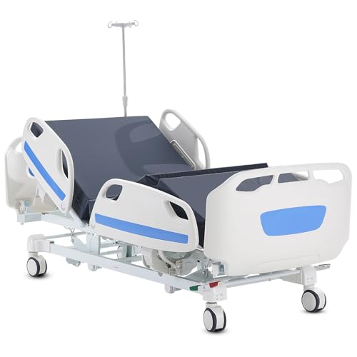 Happybuy Premium 5-Function Full Electric Hospital Bed, ICU Electric Medical Bed with Trendelenburg & Reverse Trendelenburg, 5-Inch Locking Casters & IV Pole, 550LBS Capacity for Home & Hospital Use