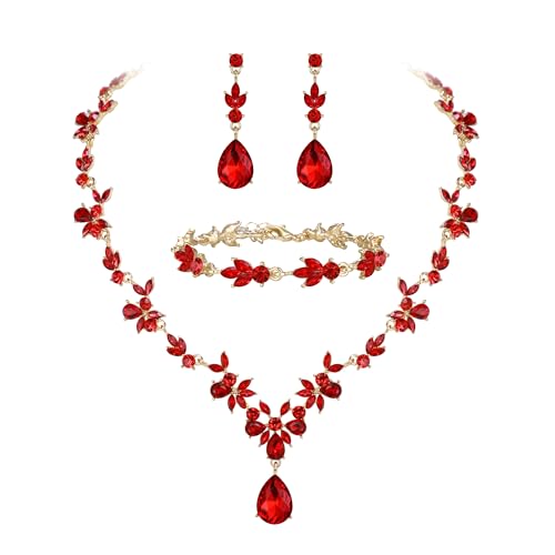 Clearine Hochzeit Schmuckset für Damen Braut Y Halskette Tennis Armband und Ohrringe baumeln Set Kristall Teardrop Marquise Cluster Schmuck für Brautjungfer Rot gold Ton