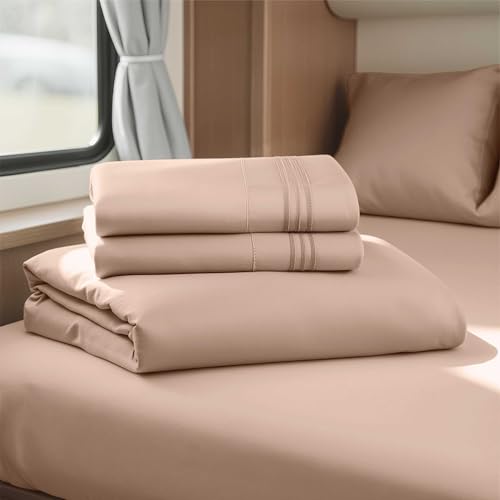 Image of Nestl Khaki Short Queen Sheets for RV, Hotel Luxury RV Queen Sheets Set, 4 Piece Fitted Bed Sheet Set and Pillowcases, Super Soft, Wrinkle-Free, and Breathable Camper Bedding