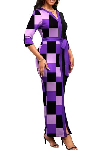 Nmoder Maxi Dress for Women Long Church Cocktail Casual Dresses Colorblock Front Split 3/4 Sleeve V Neck Pencil Dress