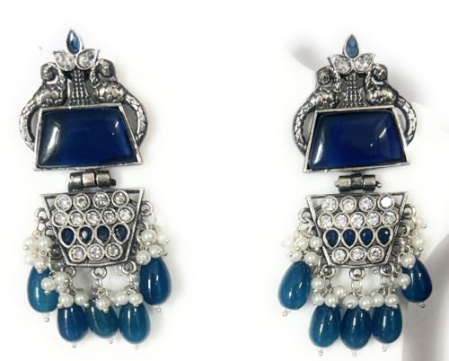 Image of Elegant Monalisa Stone Silver Replica Earrings with Blue Accents - Perfect for Heavy Party Wear