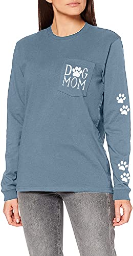 Women Dog Mom Shirt Funny Dog Paw Graphic Pullover Puppy Pocket Tee Casual O-Neck Long Sleeve Top (Blue, X-Large) #TOP1