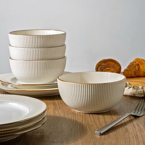 Image of GBHOME Ceramic Dinnerware Sets, 24 pcs Embossed Elegant Stoneware Plates and Bowls Sets, Housewarming Wedding Gift | Dishwasher & Microwave Safe | Dishes Set Service for 8