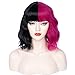 PATTNIUM Black Hot pink Wig Short Curly Wig Black and Hot Pink Wig for Women Split Wig Half Black Half Hot Pink Two Tone Wig With Bangs Two Color Cosplay Party Wig Heat Resistant Synthetic Hair Wig (Black and Hot Pink)