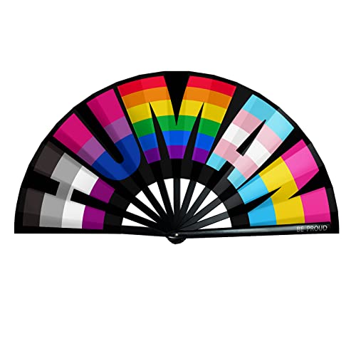 Image of bmuvghi Rainbow Folding Fan Pride Hand Held Fan Gay Pride Stuff Large Clack Hand Fan Foldable Rave Fan for LGBTQIA+ Pride Parade Pride Accessories Stuff