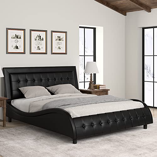 Hoomic Full Size Platform Bed Frame With Adjustable Headboard, Upholstered Bed, Mattress Foundation, Wood Slat Support, No Box Spring Needed, Easy Assembly, Black #TOP12