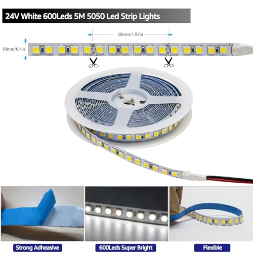 Tira de LED 24V blanca 6000K 16.4 pies 600 LEDs SMD 5050 miniatura 4