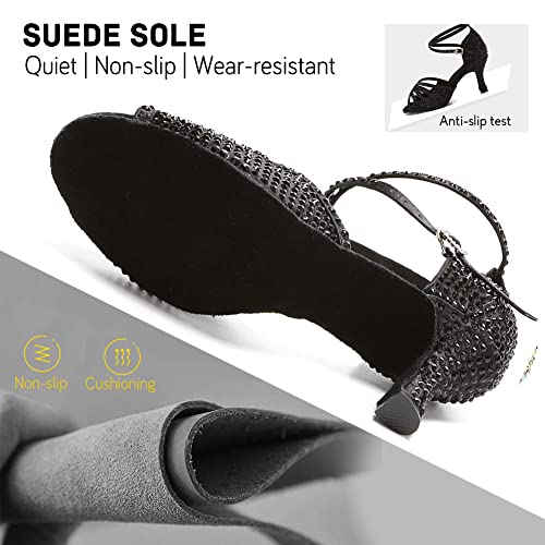 Image of JUODVMP Women's Latin Dance Shoes Rhinestones Satin Ballroom Dancing Shoes Salsa Professional Dance Shoes