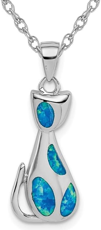 Sterling Silver Feline Cat Pendant Necklace with Chain and Lab-Created Opals