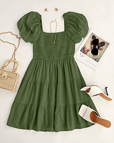 Image of ZESICA Women's Boho 2026 Summer Square Neck Puff Sleeve Off Shoulder Smocked Tiered Casual A Line Short Mini Dress