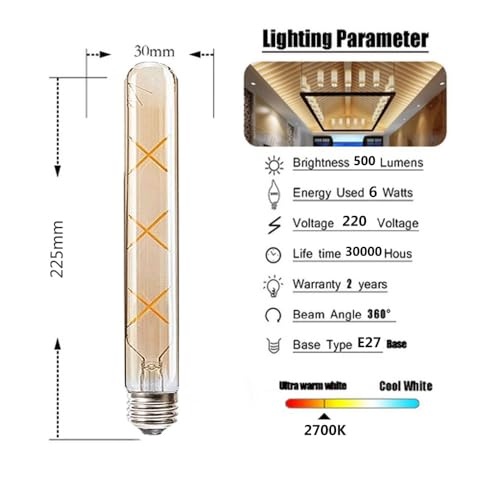 ZYUJIA E27 T30-225mm LED Edison Vintage Filament Bulbs 6W(50W Halogen Bulb Equivalent) 500LM Warm White 2700K Not Dimmable E27 Amber Glass Retro Tuber Lamp,2Packs - Image 3