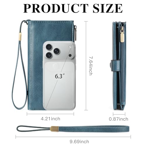 Image of GOIACII Womens Wallets Large Capacity Credit Card Holder RFID Blocking Leather Wallet Wristlet Ladies Clutch Purse Blue