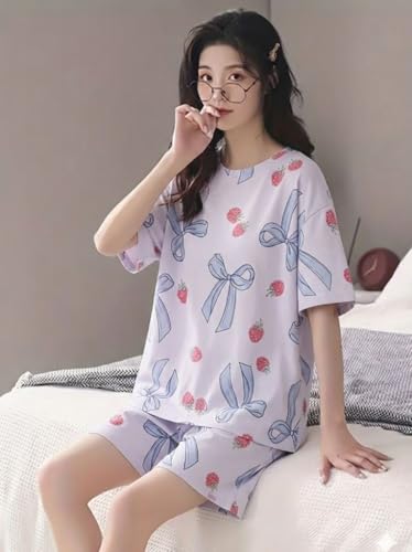 Image of Korean Night Dress |Shorts Set |Round Neck Half Sleeve Nightsuit |Premium Cotton Blend Stylish Digital Printed Pajama Co-ords |Matching 2 Piece Sleepwear Nightwear Cute Pjs |Casual Lounge Sets