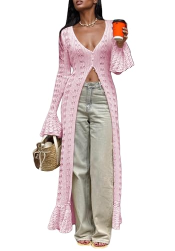Image of Unybwonn Long Cardigans for Women Crochet Hollow Out Knit Sweater Cover up Maxi Dress Long Sleeve Button Down Cardigan