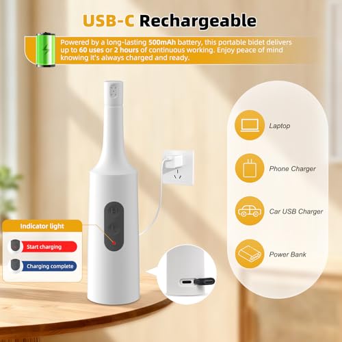 Image of Hibbent 2 Pack Portable Bidet for Travel, High Pressure Electric Handheld Bidet Sprayer, 350-550ML Expandable Bottle for Personal Hygiene, USB-C Rechargeable Waterproof Sprayer for Women & Men, White