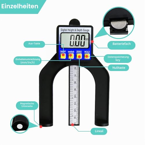 RUIZHI Digital Tiefenmesser Höhenmesser 0-85 mm Profiltiefenmesser LCD Display Digitale Messschieber für Holzbearbeitung ，Maschinenbau mit Magneten
