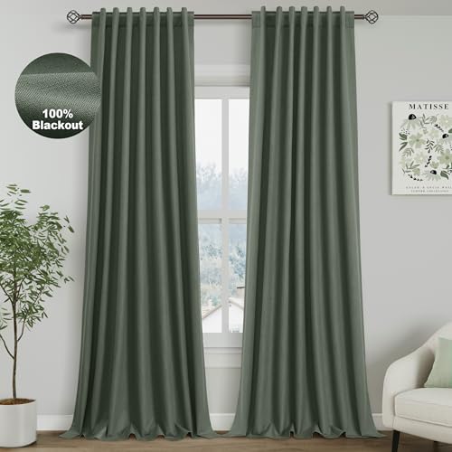 Image of Nanspring Olive Green 100% Blackout Linen Curtains 96 Inches Long for Bedroom Back Tab Thermal Insulated Modern Farmhouse Decor Curtain for Living Room Dining Room Drapes 52x96, 2 Panels