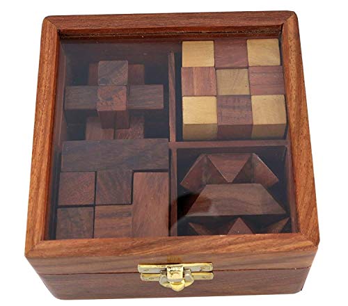 3D Wooden Brain Teaser Puzzles for Adults and Family Soma Snake Cube and Other Puzzle Best Gift (Set of 4) (Glass Lid)