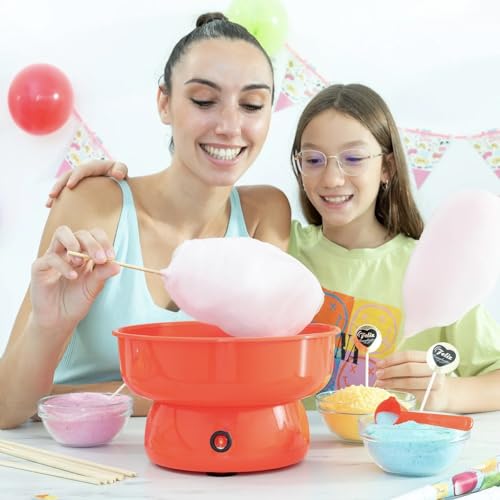 Zuckerwattemaschine für zu Hause – Gerät für Zuckerwatte für zu Hause – gewöhnlicher Zucker oder harte Süßigkeiten ohne Zucker – 10 Stäbchen & Messlöffel, nostalgisches Retro-Design – Rot – Bild 4
