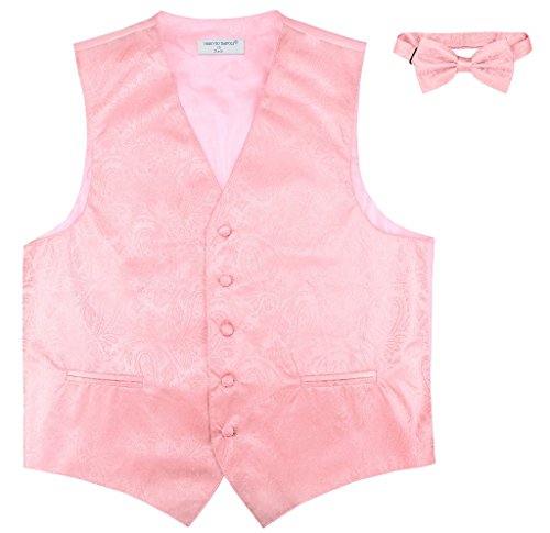 Vesuvio Napoli Men's Paisley Design Dress Vest & Bow Tie PINK Color BOWTie Set for Suit Tuxedo
