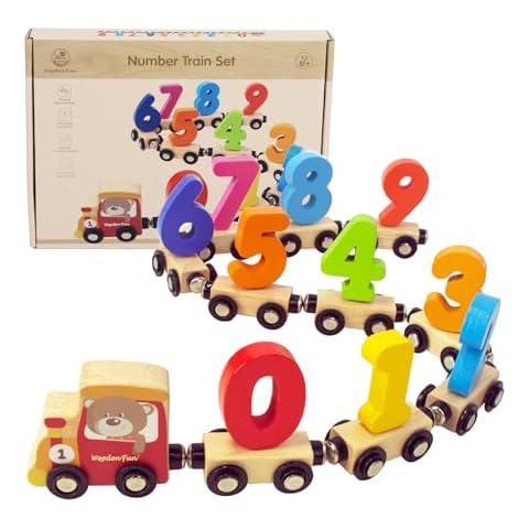 WOODENFUN Number Train Set for 1 2 3 Year Olds, Educational Toy Cars for Toddlers, Montessori Learning Toys for Boys and Girls (Red) Cover