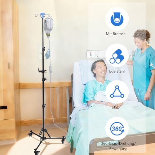 Infusionsständer mit Rädern, Zusammenklappbarer IV-Stange mit 4 Haken 3 Netztaschen und 1 Aufbewahrungstasche, tragbarer IV-Ständer, geeignet für Krankenhäuser und die häusliche Pflege