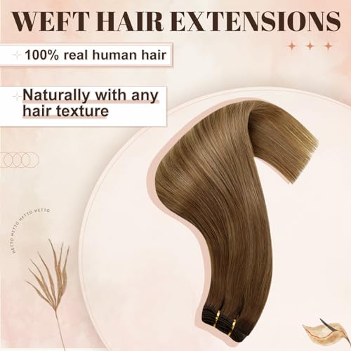 Hetto Weft Hair Extensions Real Human Hair Balayage Brown, Full Head Hand Tied Sew in Hair Extensions Brown Ombre - Image 2