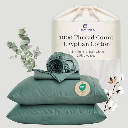 Image of Bedlifes 1000TC Egyptian Cotton Cal King Sheets, 4Pcs, 16 inch Deep Pocket | Cooling & Breathable, Ultra Soft, Hotel Comfort, Sateen Weave, OEKO-TEX Certified, Easy-Care Machine Washable