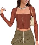  Onsoyours Sexy Blouse Transparente Club T-Shirt Chemise de Protection Solaire Casual Plage Femme Ete Hauts en Tulle À Manches Longues Mode Couleur Unie Tunique J Marron S