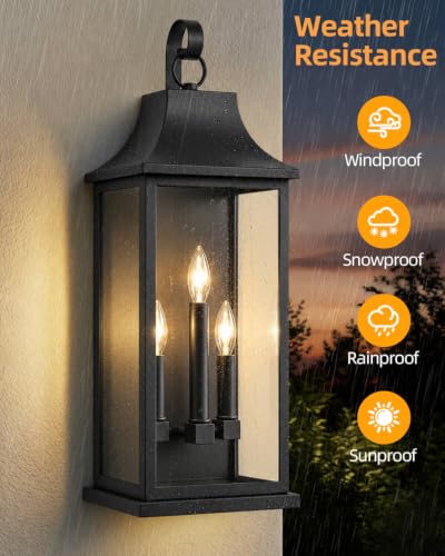 Image of RAYVO 25 inch Extra Large Outdoor Wall Light, Black Porch Lantern | Waterproof Anti-Rust Metal Sconce, Clear Glass Panels, 3 E12 Bases, Modern Exterior Light Fixture for Porch Patio Garage
