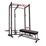 Sunny Health & Fitness Ultra Durable Power Zone Strength Rack Power Cage High Weight Capacity with Optional LAT Pull Down, Flat Bench