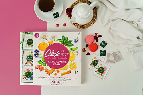 Olinda Healing Flowers & Roots Gift Box, 45 Tea Bags, Cinnamon Mint, Beauty, Chamomile, Lemon Blossom, Cinnamon Apple, Turmeric, Valerian, Stress Relief And Orange Teas - 1 Box #TOP3