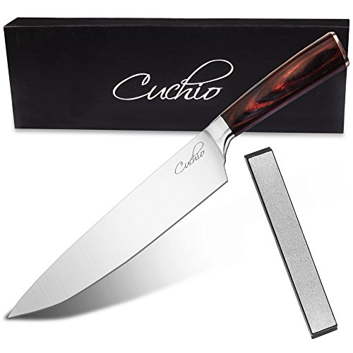 Cuchio German 8 Inch Chef Knife, Sharpening Stone & Gift Box: Kitchen Knife That Stay Sharp Longer! High Carbon Stainless Steel Blade for Meat, Fish & Vegetables, Pro Chefs Ergonomic Pakkawood Handle