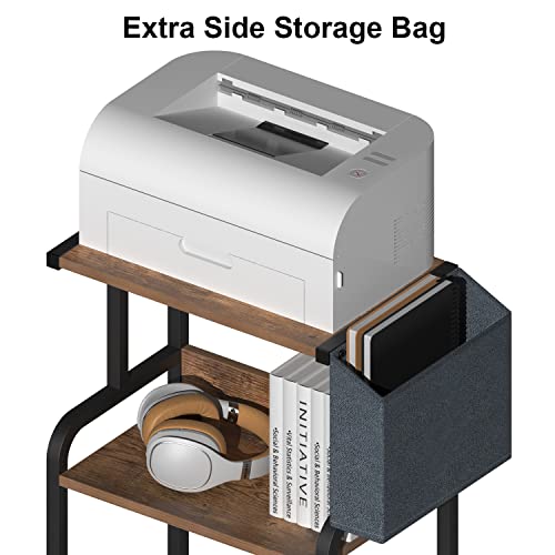 Vedecasa Brown Printer Stand 3 Tier With Rolling Wheels Modern Industrial Wooden Printer Table Shelf With Storage Bag Basket For Home Office Bedroom Beside Kitchen Organization #TOP7