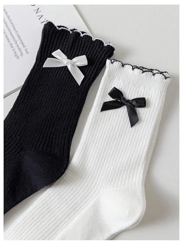 Image of Verdusa Women's 2 Pairs Bow Knot Scallop Edge Ribbed Crew Socks Black and White one size