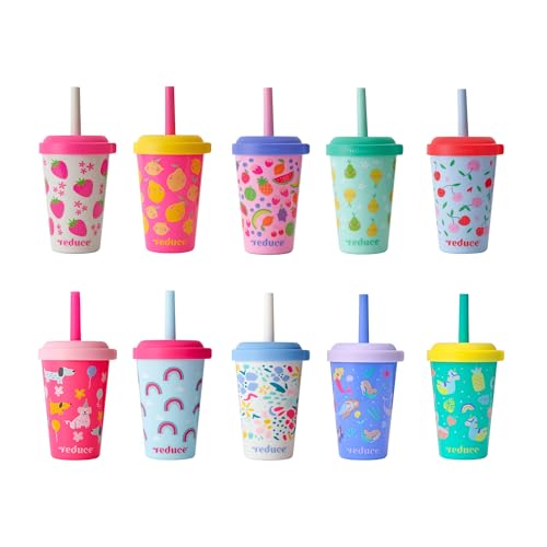 REDUCE GoGos Kids Portable Tumbler Cups with Lids and Spill-Proof Straws - 10 Pack of Stackable 12 oz Tumblers with Twist-On Lids - Easy Storage Dishwasher Safe - Play Date