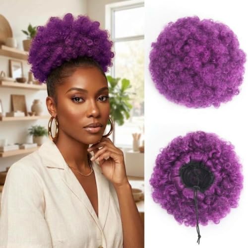 THEMIS HAIR Afro Puff Drawstring Ponytail for Black Women - Natural Looking Synthetic Kinky Curly Ponytail Quick Install Hair Extensions with Combs, Heat Resistant, Color Purple