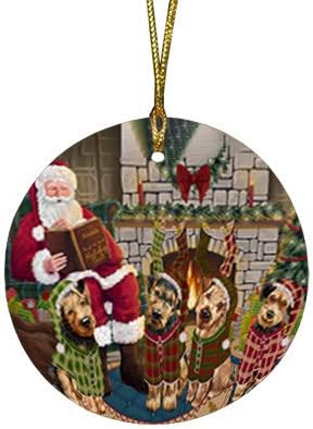 Santa Sled Dogs Airedale Christmas Round Flat Ornament - Pet Decorative Hanging Ornaments for Christmas X-mas Tree Decorations - 2.75" Round Flat Ceramic Christmas Ornament POR1543