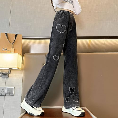 Girl's Bowknot Print Washed Jean Elastic Waist Denim Pants Straight Leg Trousers Y2k Denim Pants with Pockets3