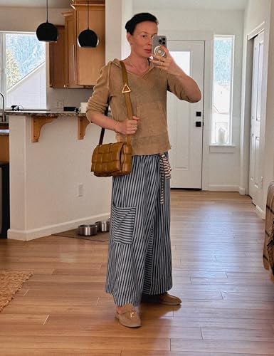 Bankeng Women's Striped Palazzo Pants - Loose Wide Leg Lounge Trousers with Pockets (Blue, XS)4