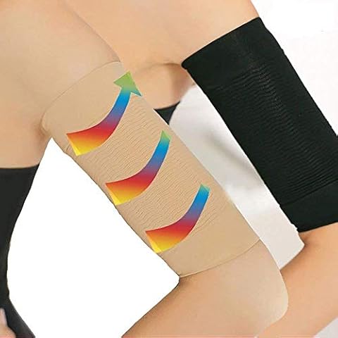 2 Pairs Slimming Arm Sleeves for Women, Sports Arm Compression Sleeve Weight Loss Upper Arm Shaper Helps Tone Shape Upper Arms Sleeve for Women Girls (Black + Beige) Cover