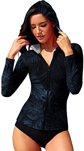 Wolddress Womens Long Sleeve Rash Guard Shirt UPF 50+ Sun Protection Swimsuit Swim Tops Leaves Navy L