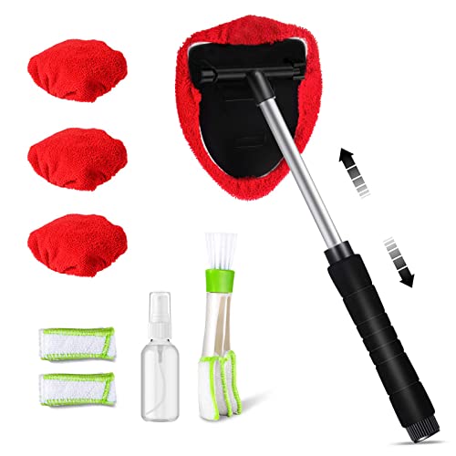 Masthome Nettoyant pour Pare-Brise, Brosse Pare Brise Voiture avec Manche Télescopique et Brosse de Nettoyage à Double Tête pour Grille D'aération de Voiture, Inclue 3 Housses Microfibre