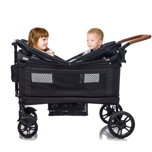 Double Wagon Stroller for Kids&Toddler,Push Pull Lightweight Foldable Travel Umbrella Twins Stroller with 5-Point Harness,Adjustable Handle Bar and Canopy,Foot Wells,Tray Table,Cup Holde