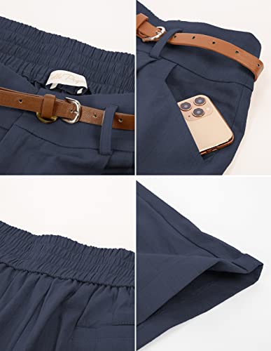 Image of Belle Poque Women Bermuda Shorts Elastic Waist Wide Leg Shorts with Pockets & Belts
