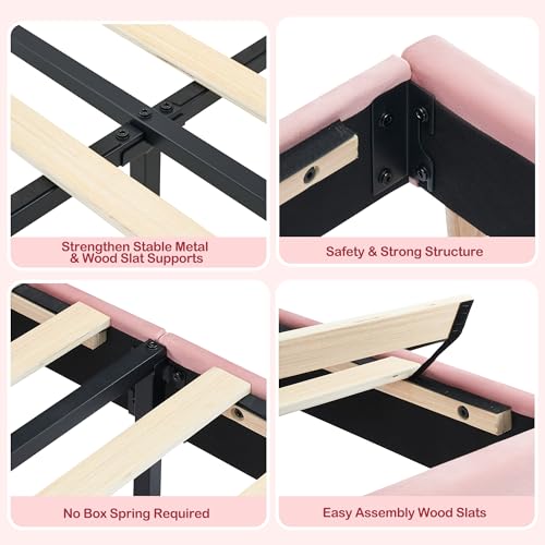 GarveeHome Twin Bed Frame with Drawer, Girls Bed, Velvet Upholstered Platform BedFrame with Storage Headboard for Kids, No Box Spring Needed, Easy Assembly, Noise-Free, Light Pink