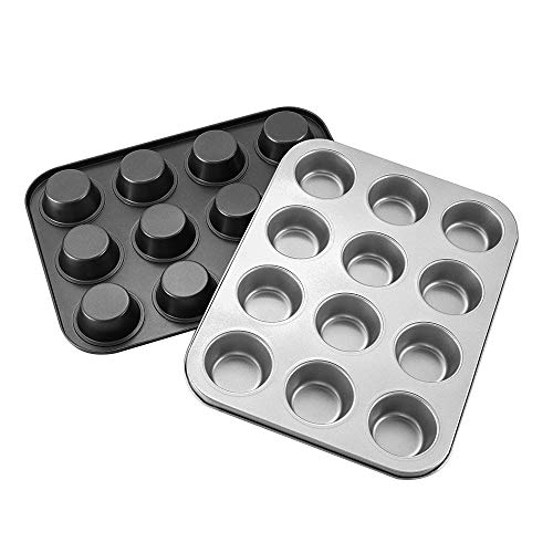 2 Pack 12 Cups Muffin Pan, Non-stick Cupcake Baking Pan, Heavy Duty Carbon Steel Muffin Tray Baking Mold Pan for Oven Baking