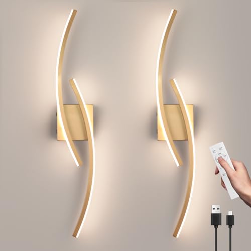 Image of Battery Operated Wall Sconce Set of 2,Gold Wall Sconces with Remote Control,3000K-6000K Modern LED Wireless Wall Light for Living Room, Hallway, Bedroom, 31.89 Inch (2 Pack)