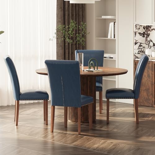 Image of Farmhouse Dining Chairs Set of 4, High Back with Wooden Legs and Nailhead Trim, Modern Fabric Dining Room Chair for Kitchen /Restaurant